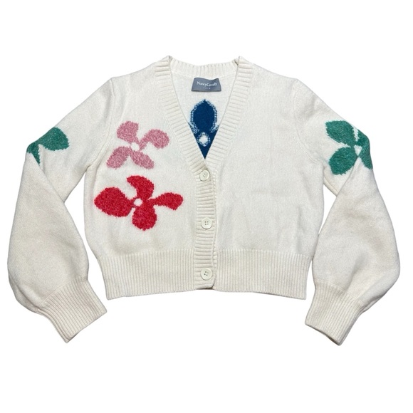 Nancy Cavally Cream Floral Australian Wool Cropped Cardigan - Picture 1 of 7